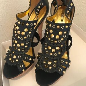 Emilio Pucci black leather strappy platform heels